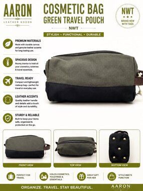 NWT Aaron Leather Goods Green Cosmetic Bag Travel Toiletry Pouch Zip Organizer